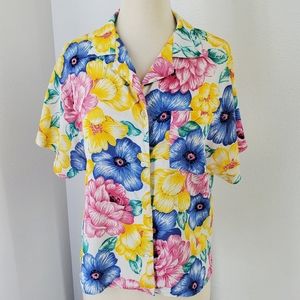 Diane Von Furstenberg Vintage Floral Shortsleeve Button Down Shirt Multi Sz S
